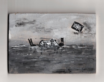 sea art,sea painting,original painting,black and white painting,black white art,lunch art,kitchen wall art,wood art,painting on wood,unique