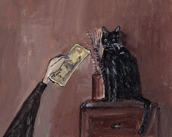 Cat art,money art,cat print,black cat,funny cat art,cat portrait,capitalism art,brown painting,gift for cat,Money for cat,illustration art