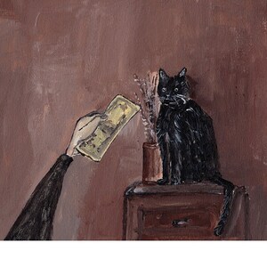 Cat art,money art,cat print,black cat,funny cat art,cat portrait,capitalism art,brown painting,gift for cat,Money for cat,illustration art image 1