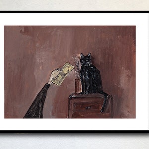 Cat art,money art,cat print,black cat,funny cat art,cat portrait,capitalism art,brown painting,gift for cat,Money for cat,illustration art image 7