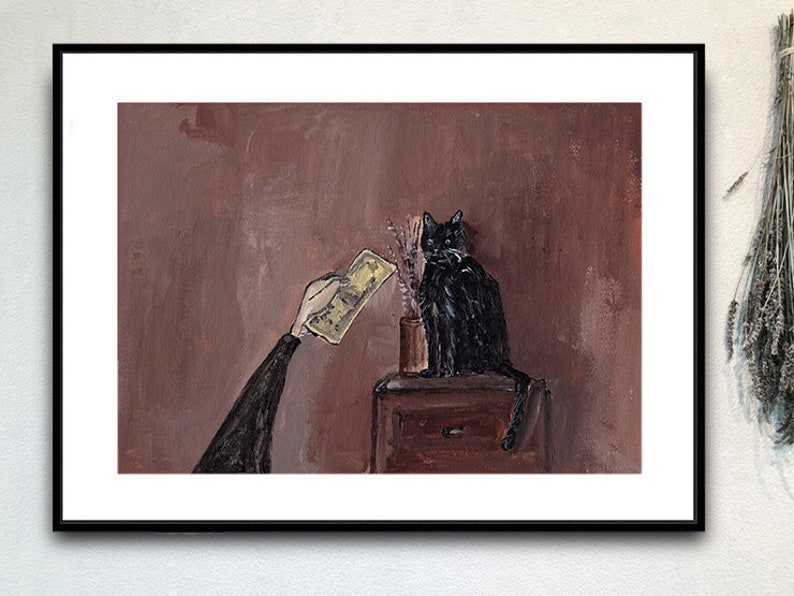 Cat art,money art,cat print,black cat,funny cat art,cat portrait,capitalism art,brown painting,gift for cat,Money for cat,illustration art image 7