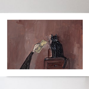 Cat art,money art,cat print,black cat,funny cat art,cat portrait,capitalism art,brown painting,gift for cat,Money for cat,illustration art image 4