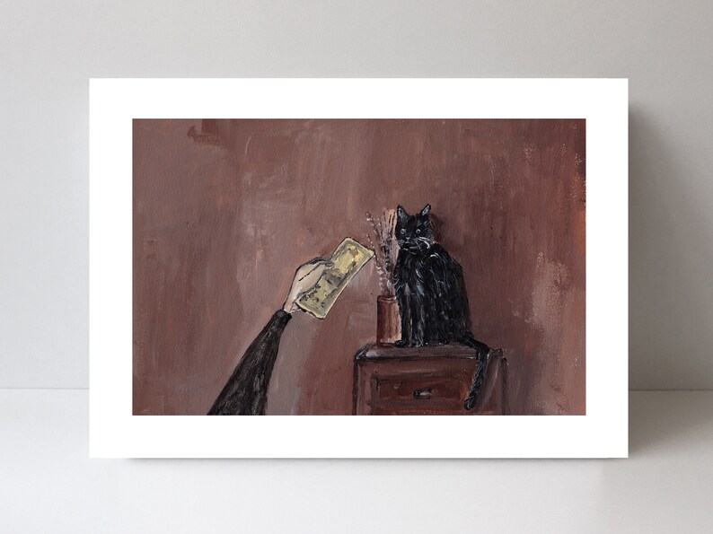 Cat art,money art,cat print,black cat,funny cat art,cat portrait,capitalism art,brown painting,gift for cat,Money for cat,illustration art image 4