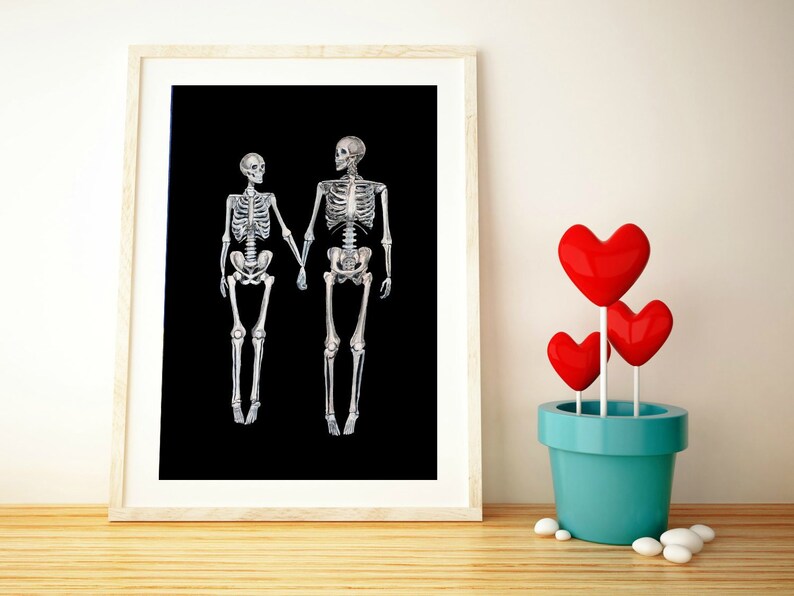 Skeleton art print,valentines day gift love print love art skeletons in love christmas gift for her dark art print marriage gift for couple image 2
