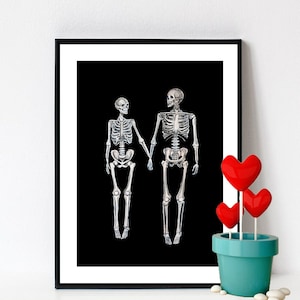 Skeleton art print,valentines day gift love print love art skeletons in love christmas gift for her dark art print marriage gift for couple image 1
