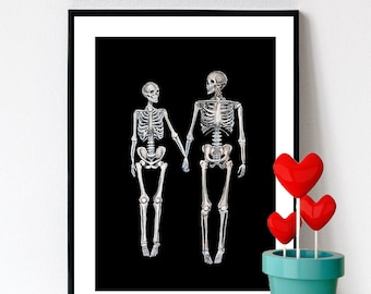 Skeleton art print,valentines day gift love print love art skeletons in love christmas gift for her dark art print marriage gift for couple