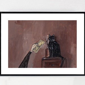 Cat art,money art,cat print,black cat,funny cat art,cat portrait,capitalism art,brown painting,gift for cat,Money for cat,illustration art image 2