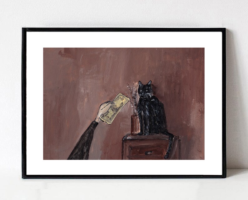 Cat art,money art,cat print,black cat,funny cat art,cat portrait,capitalism art,brown painting,gift for cat,Money for cat,illustration art image 2