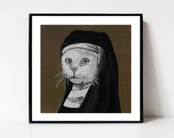 Nun art church print cat portrait cat lover gift religion art cat portrait funny cat art illustration cute gift religious christmas present