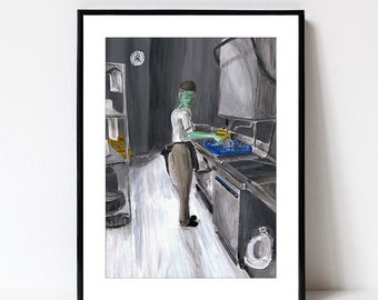 Alien painting surreal Science fiction scifi art print alien traditional fine art kitchen worker gift present dishwasher kitchen porter