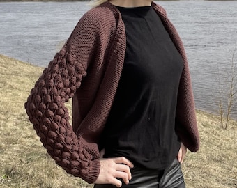 Open front cardigan Hand knit brown merino wool cardigan with bubble sleeves for women READY TO SHIP