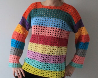 Fishnet top Loose knit sweater Crochet Rainbow Striped sweater Handmade Mesh sweater READY TO SHIP