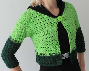 Crochet cropped cardigan Open front cardigan Handmade green jacket 3/4 sleeve READY TO SHIP Summer knit cardigan