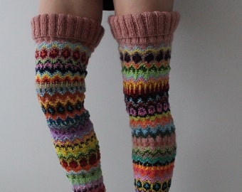 Over knee leg warmers Handmade thigh high leg warmers Fair Isle boot cuffs READY TO SHIP