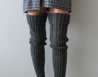 Leg warmers Boot cuffs Hand knit knee warmers Gray ribbed leg warmers READY TO SHIP