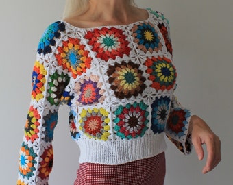 Crochet sweater Granny square crop top Crop jumper Patchwork sweater Long sleeve crop top READY TO SHIP