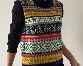 Handmade Fair Isle Sweater Vest Knitted Wool Vest for Women Cozy Fair Isle Wool Vest Hand Knit Sweater Vest for Women Norwegian Vest