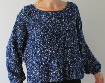 Hand knit oversized sweater Knitted cropped jumper READY TO SHIP Blue tweed sweater