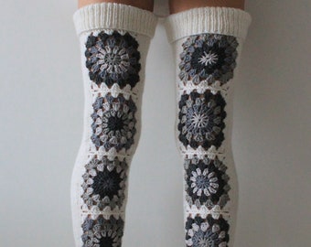 Thigh high socks Hand knit wool socks Granny square crochet socks for women Handmade over knee socks READY TO SHIP