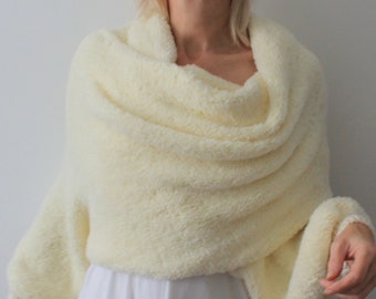 Wedding cardigan Bridal cover up Sweater scarf with sleeves Chunky scarf Fluffy oversized scarf White Fuzzy Convertible scarf with sleeves