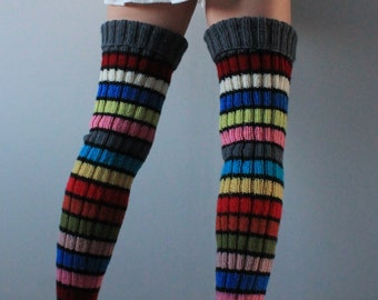 Leg warmers Hand knitted leg warmers Rainbow striped leg wamers Thigh high leg warmers