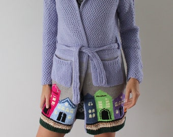 Hand knit cardigan coat Handmade cardigan Patchwork coat Open front cardigan READY TO SHIP