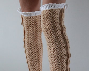 Hand knit leg warmers Handmade Lace leg warmers Womens Knee high leg warmers Ruffle socks