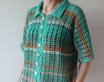 Crochet Shirt Fishnet Cardigan Y2K Style Mesh Top for Women READY TO SHIP