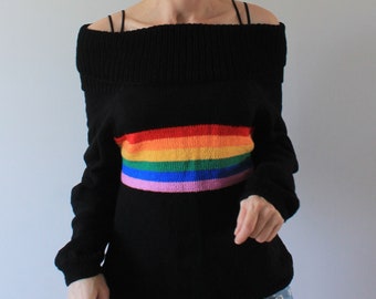 Hand knit sweater Rainbow sweater Turtleneck Off shoulder sweater READY TO SHIP Colorful striped sweater