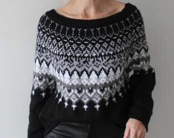 Fair Isle sweater Lopapeysa Norwegian sweater Hand knit sweater Oversized sweater women Knitted sweater Off shoulder sweaters READY TO SHIP