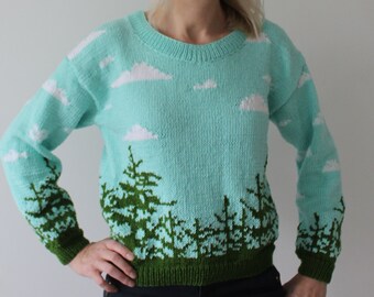 Cottagecore sweater Hand knit sweater Landscape sweater Cloud sweater Forest sweater Nature lover sweater Handmade sweater READY TO SHIP