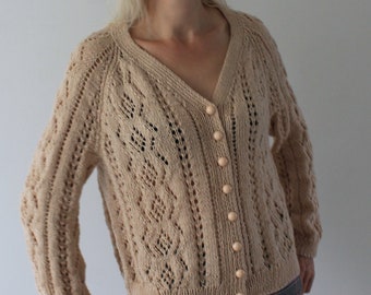 Hand knit cardigan Lace cardigan Handmade cardigan READY TO SHIP Beige Loose fit cardigan