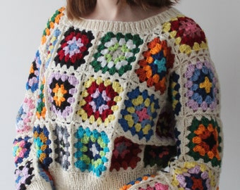 Granny square sweater Cropped sweater Crochet jumper Handmade oversize sweater READY TO SHIP