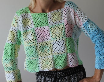 Crochet Granny square sweater Crop top Patchwork top Cropped jumper READY TO SHIP