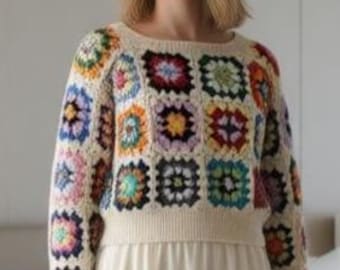 グラニースクエアセーター クロシェ編みのクロップド丈ジャンパー