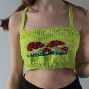 Mushroom crop top Cottagecore top Hand knit cami top women Knitted cropped summer top READY TO SHIP