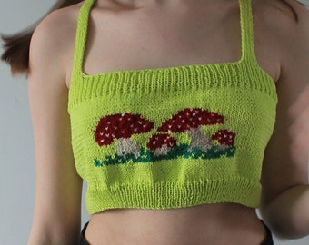 Mushroom crop top Cottagecore top Hand knit Mushroom top Knitted crop top READY TO SHIP Cami top women