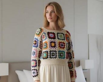 グラニースクエアセーター クロシェ編みのクロップド丈ジャンパー