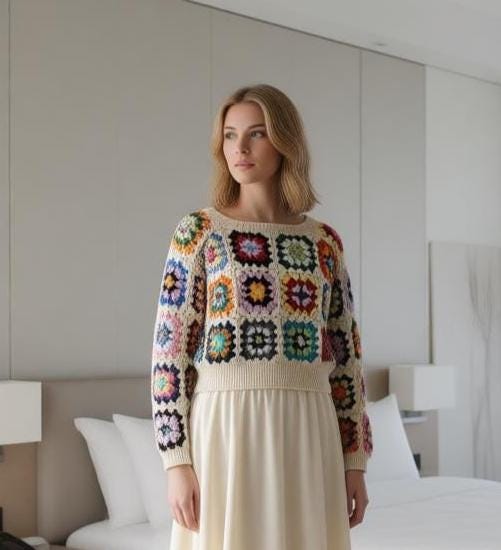 グラニースクエアセーター クロシェ編みのクロップド丈ジャンパー