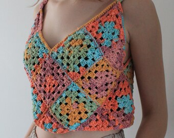 Granny square top Crochet crop top Rainbow cropped halter top Hand knit top READY TO SHIP