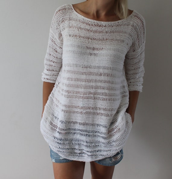 Hand Knit Sweater Dress Handmade White Cotton Distressed off Shoulder Long Jumper See Through Mesh Top 3/4 Sleeves READY TO SHIP