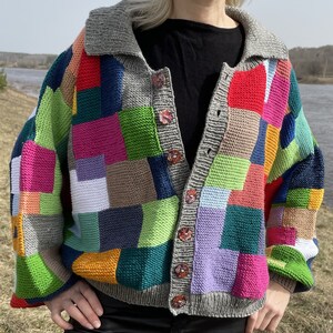 Cardigan patchwork Cardigan chunky Cardigan surdimensionné Cardigan tricoté à la main PRÊT À EXPÉDIER image 5