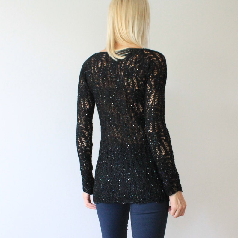 Sequin top Knit sweater Sheer sweater in black cotton with glitters ready to ship