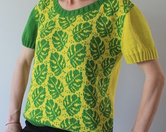 Monstera leaf shirt Hand knit sweater vest Botanical shirt READY TO SHIP Plant shirt Never enough plants