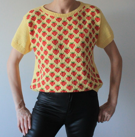 Strawberry shirt Strawberry sweater Hand knit top Cottagecore sweater Vest READY TO SHIP