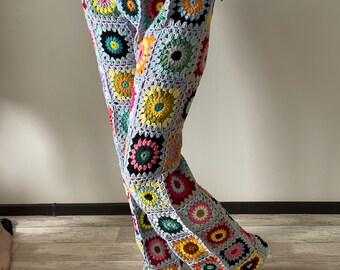 Crochet Pants Granny Square Pants Handmade Rainbow Trousers
