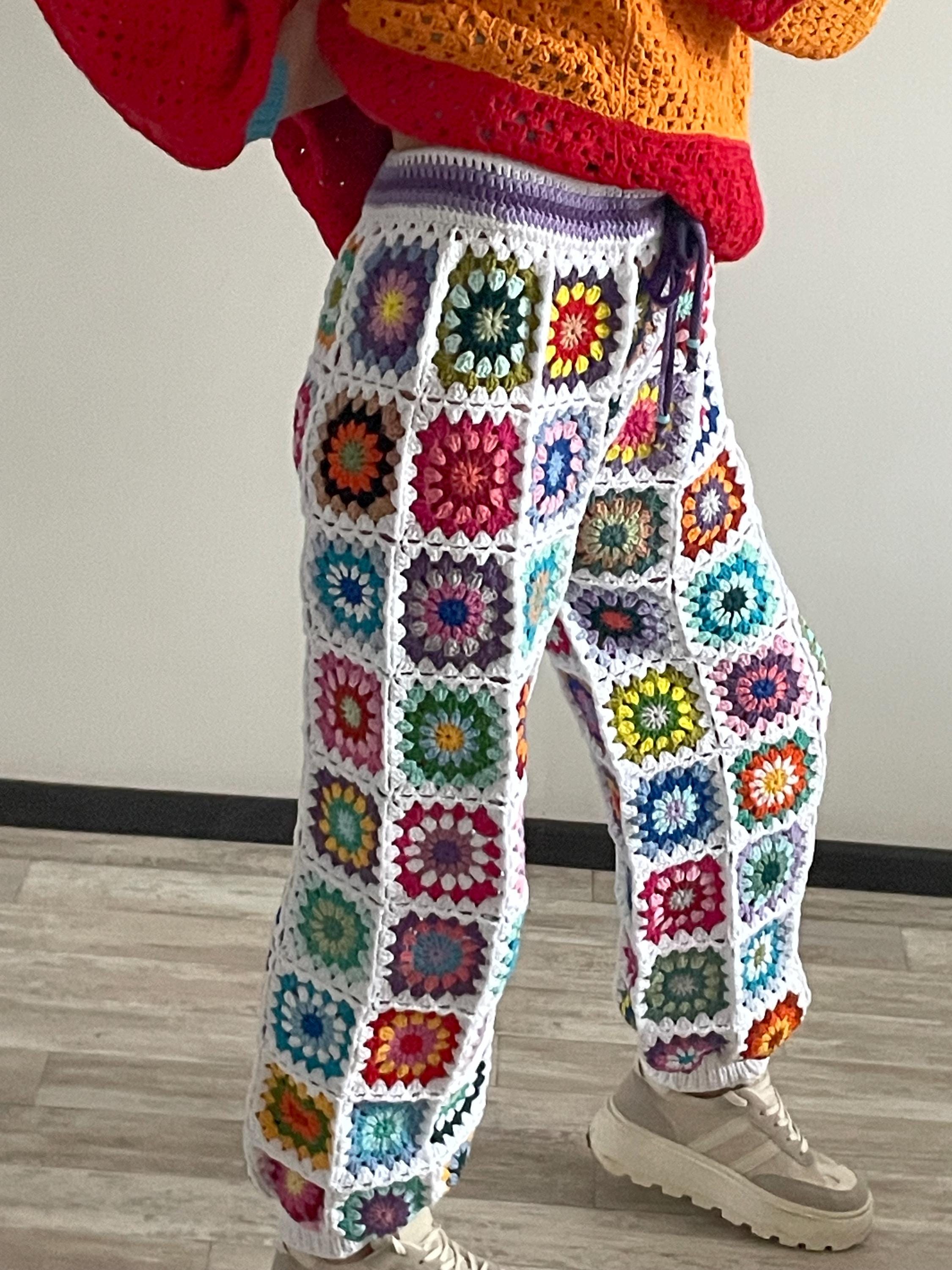 Crochet Pants Granny Square Pants Handmade Rainbow Trousers READY