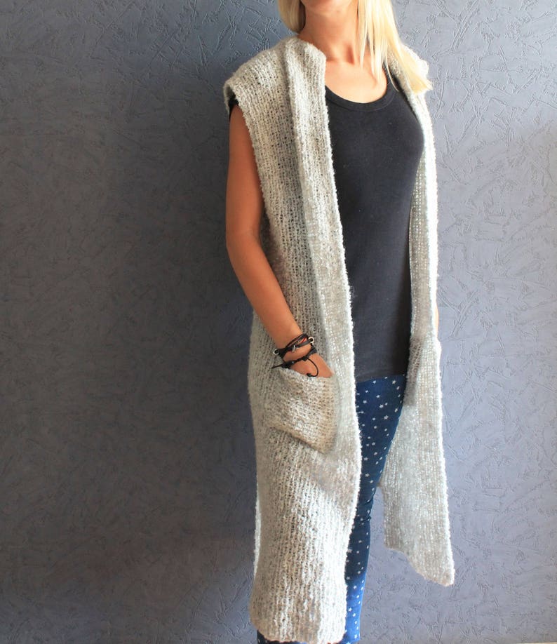 Knitted long sleeveless women/'s cardigan vest in gray alpaca wool ready to ship