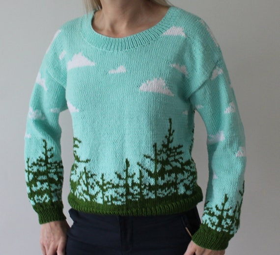 Hand Knit Sweater Cloud Sweater Landscape Sweater Forest Sweater Nature Lover Sweater Handmade Sweater READY TO SHIP Etsy UK