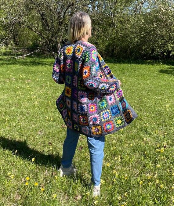 Granny square cardigan coat Hand knitted wool jacket Handmade crochet  colorful duster cardigan READY TO SHIP